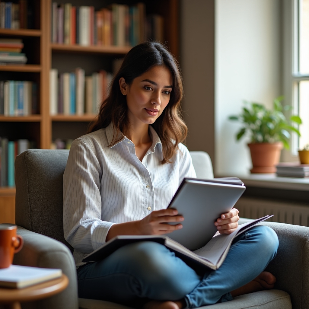 Person studying financial foundations with notebook and charts in a comfortable study environment