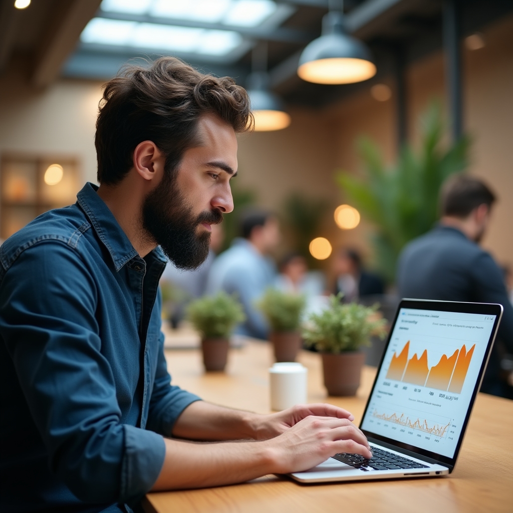 Freelancer examining income variability charts on laptop screen in a modern coworking space