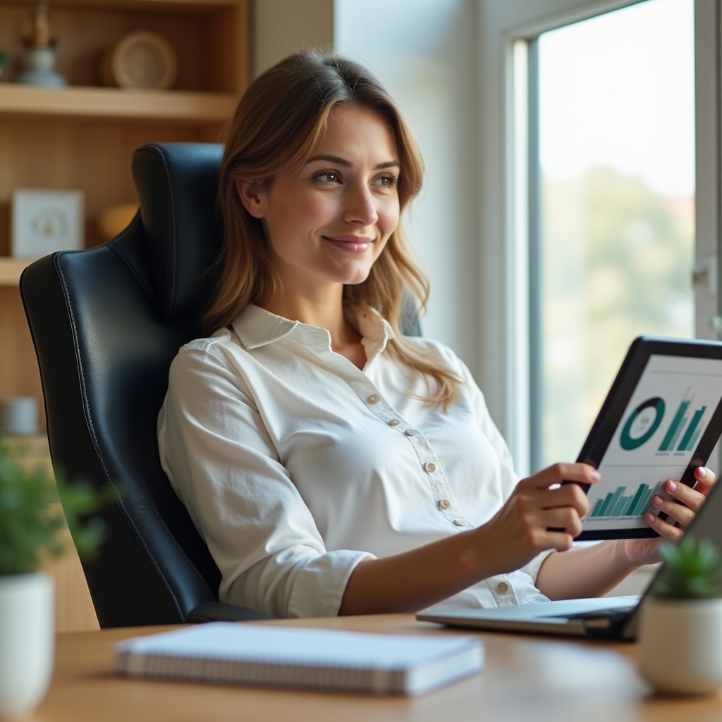 Person reviewing savings and liquidity data on a tablet in a bright home environment