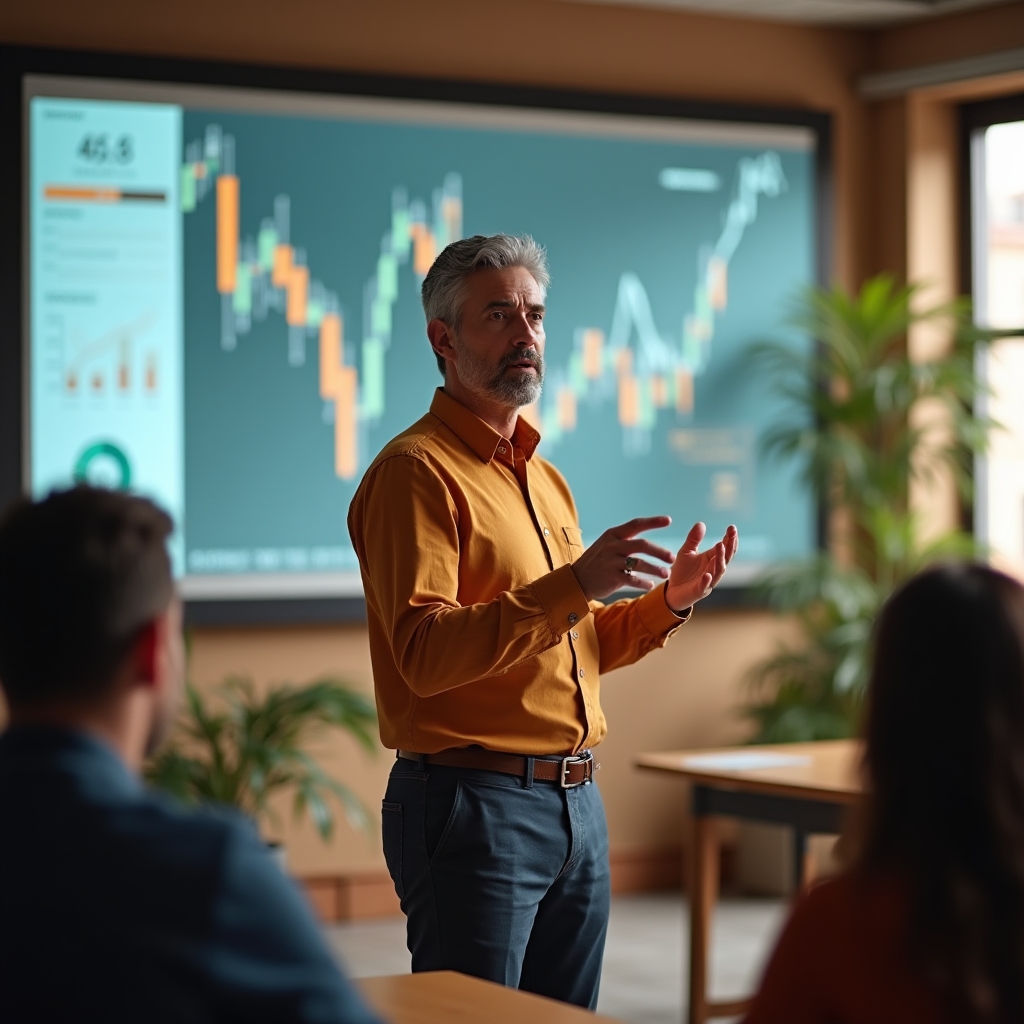 Financial education session with instructor presenting financial concepts in a well-lit modern space
