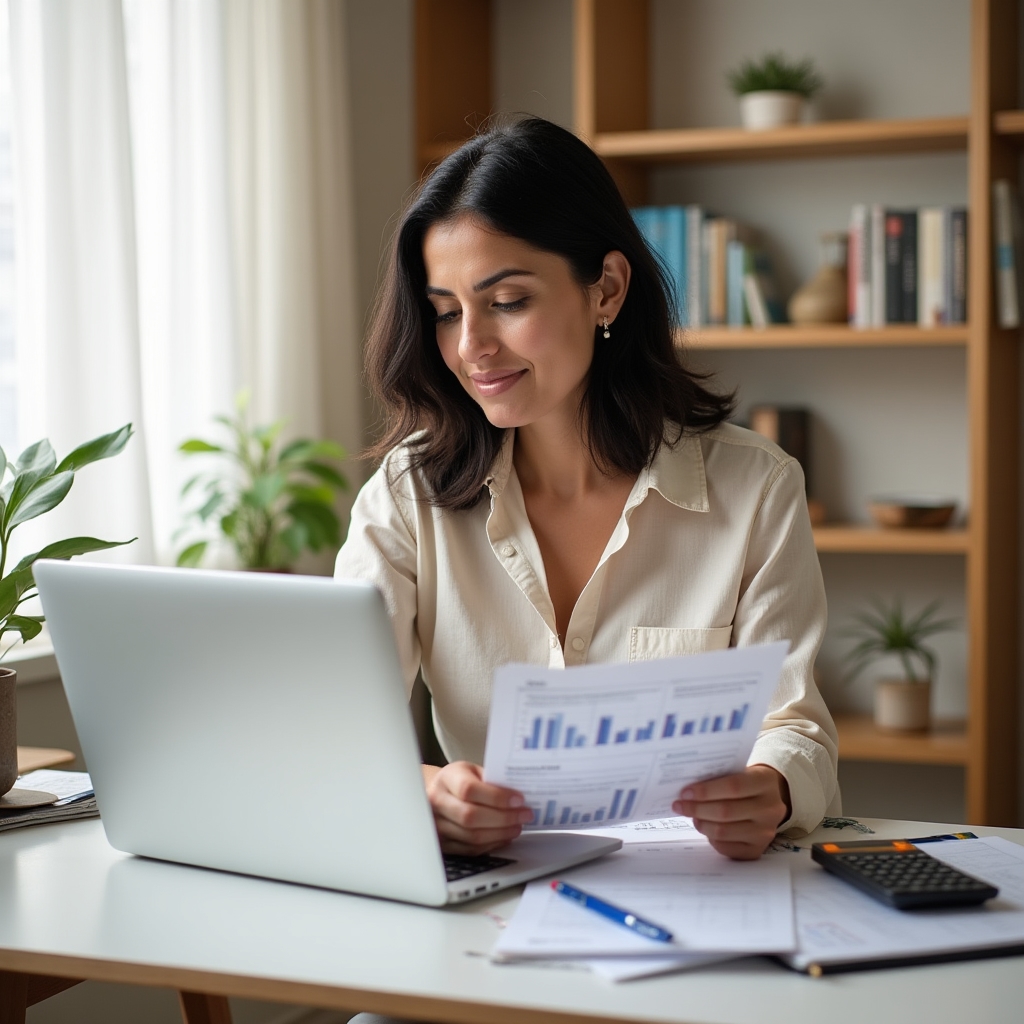 Self-employed professional reviewing financial planning documents at home office desk