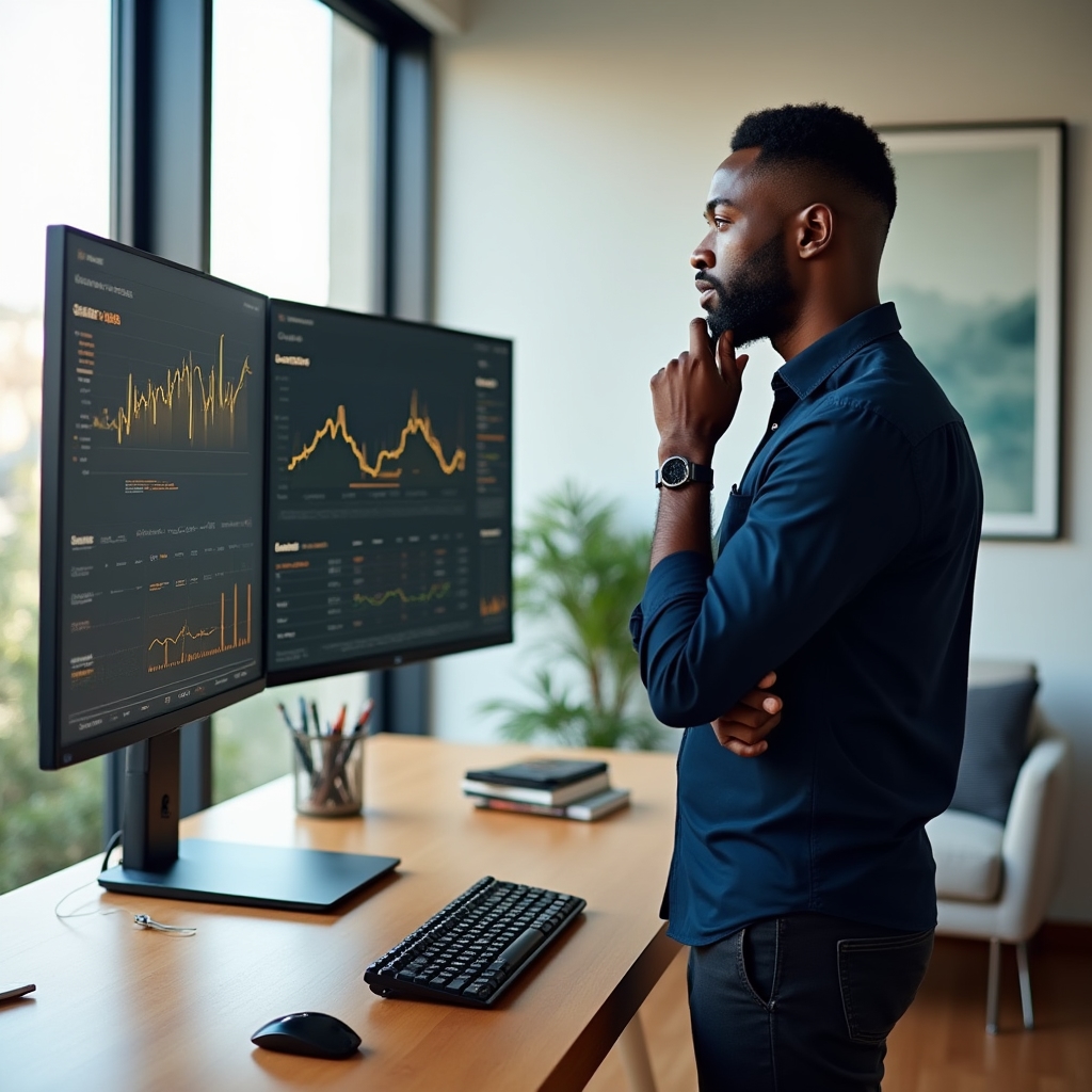 Professional reviewing financial metrics on a large monitor in a bright office