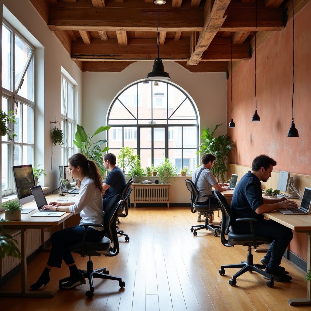 Modern coworking space in Porto with freelancers working at individual desks with natural light